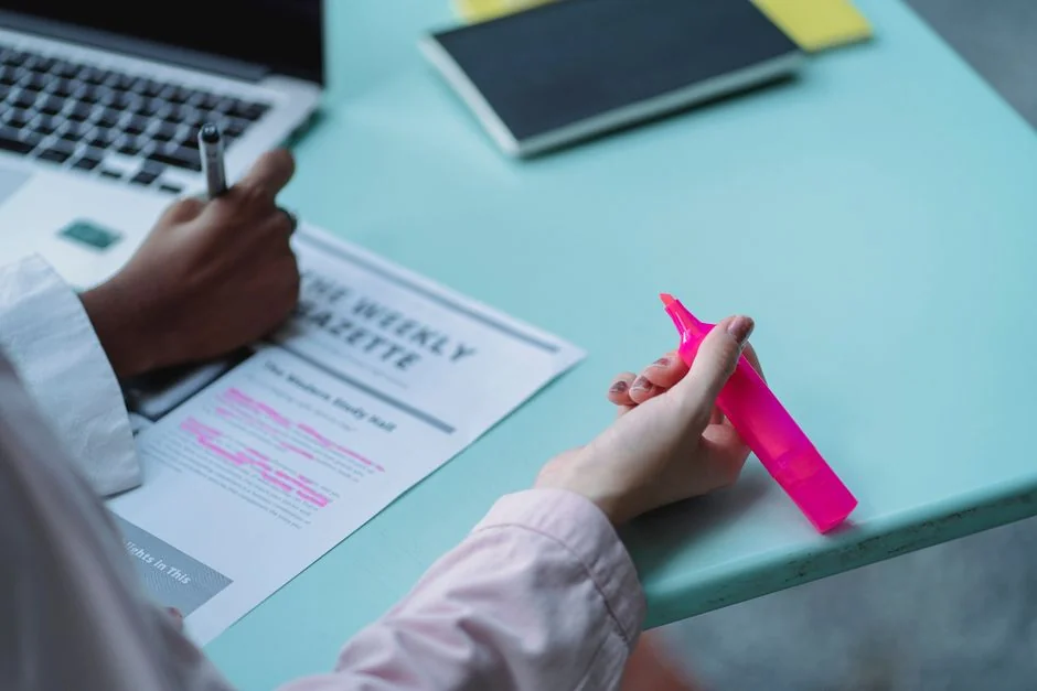 Bright highlighters on a User-Generated Content note against a wooden desk.