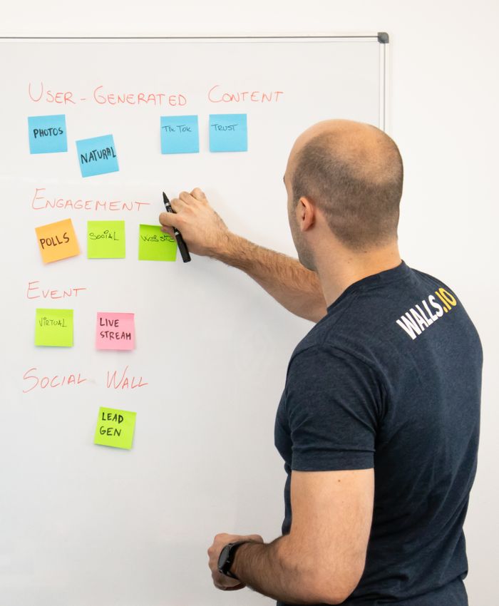 Homme analysant des stratégies de contenu marketing à l’aide de notes adhésives sur un tableau blanc.